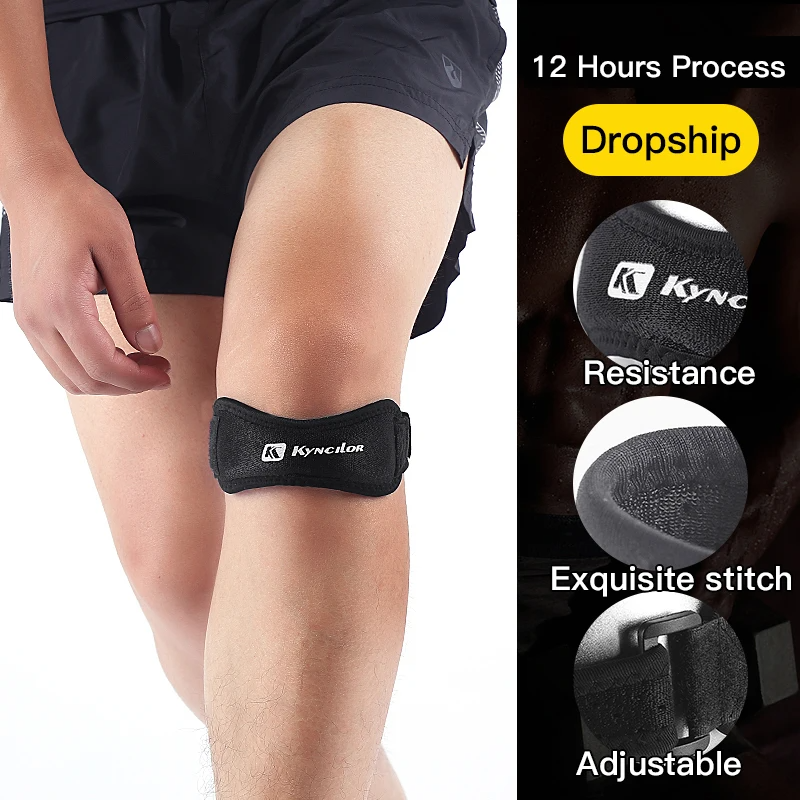 Adjustable knee strap for tendon support in sports and exercise.