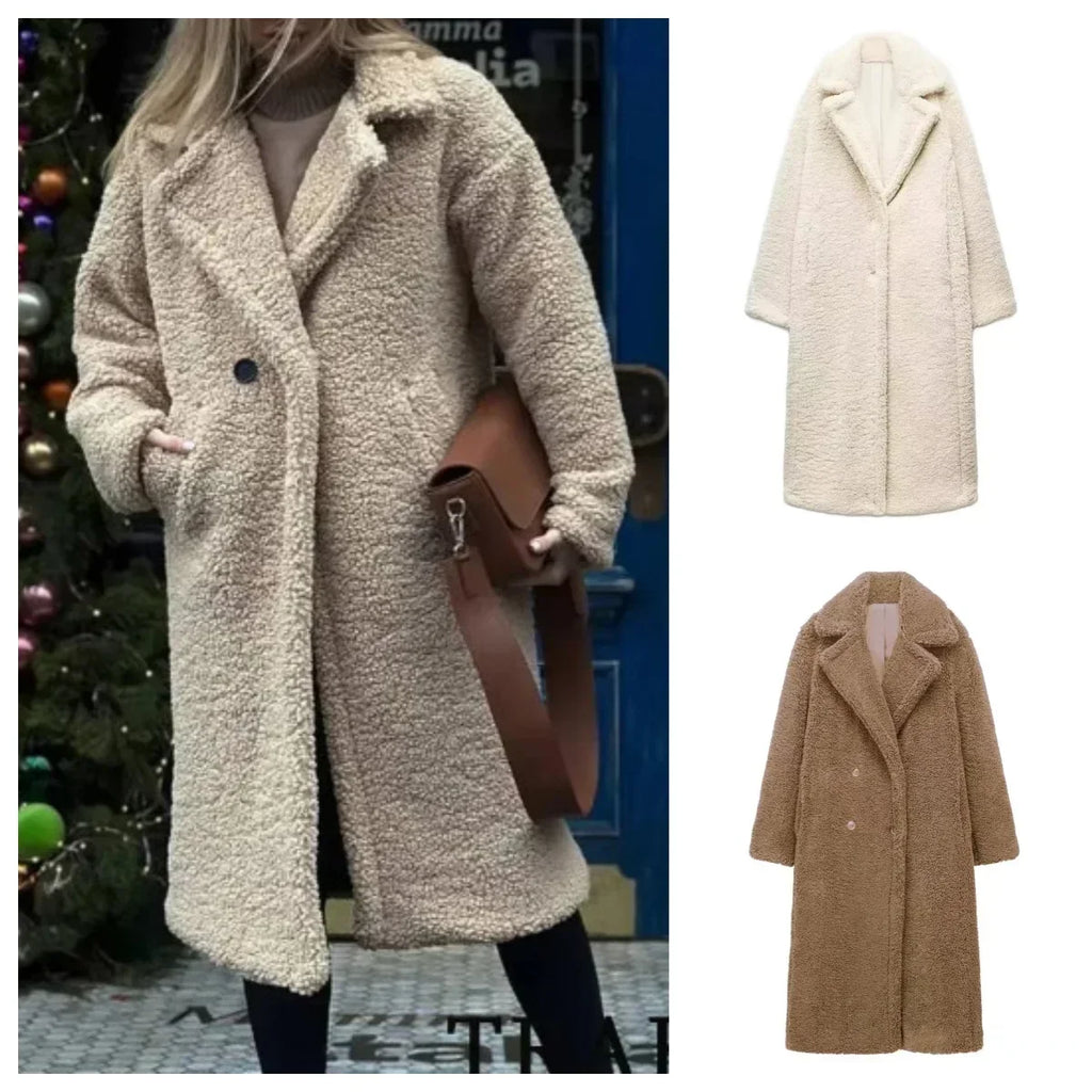 Women Autumn Winter Vintage Wool Blend Long Coat Lapel