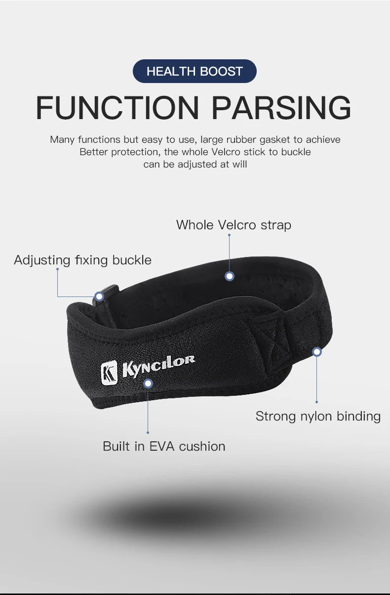 Adjustable knee strap for tendon support in sports and exercise.