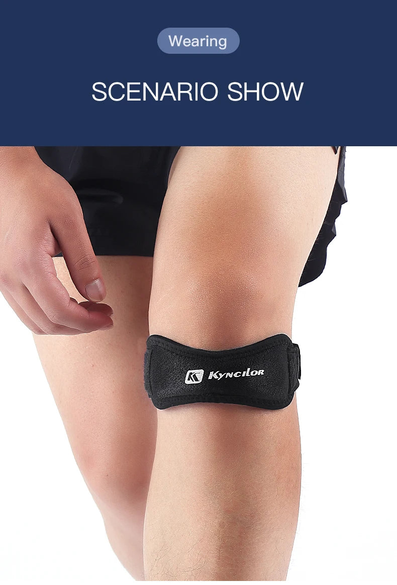 Adjustable knee strap for tendon support in sports and exercise.