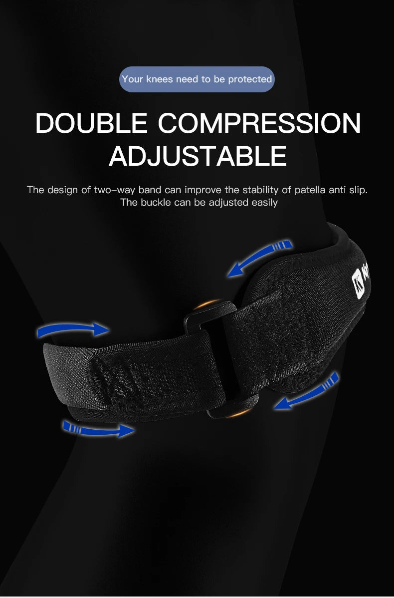 Adjustable knee strap for tendon support in sports and exercise.