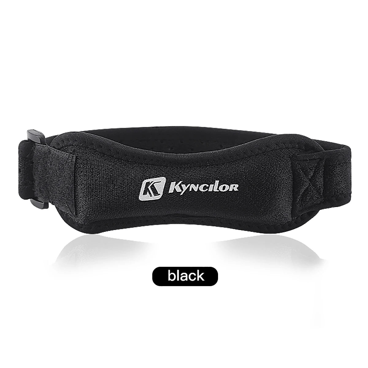 Adjustable knee strap for tendon support in sports and exercise.