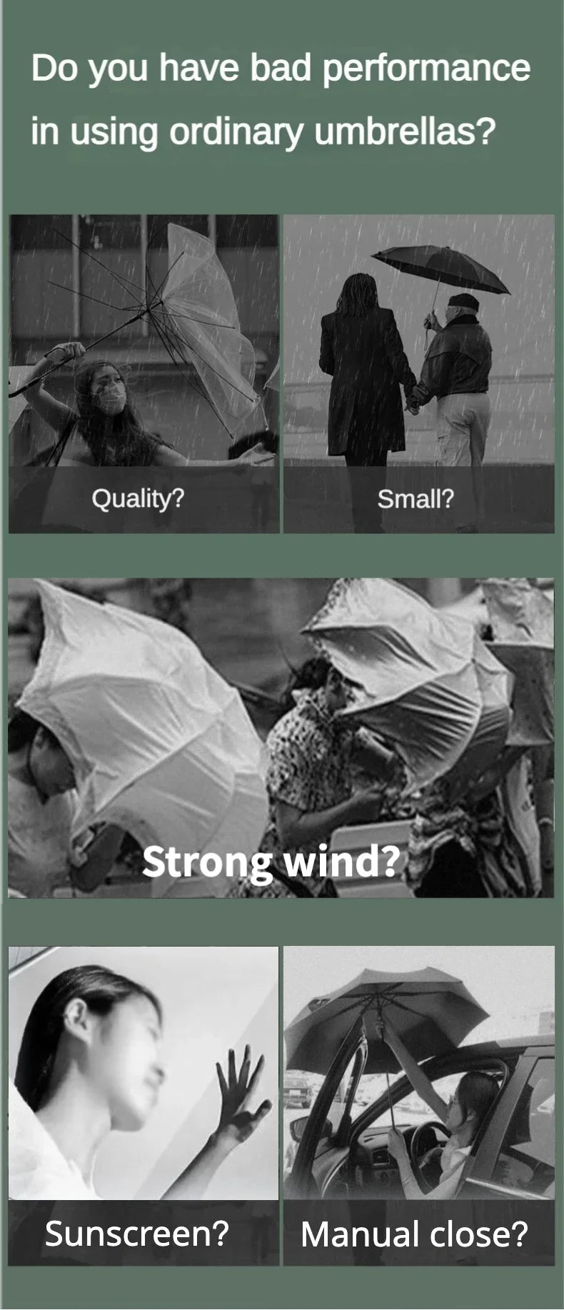 72-bone strong umbrella, wind-, rain-, sunproof, automatic, large.