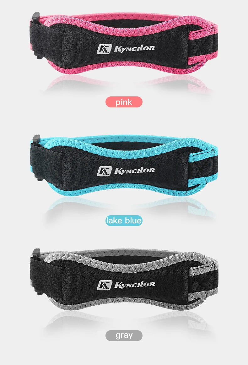 Adjustable knee strap for tendon support in sports and exercise.