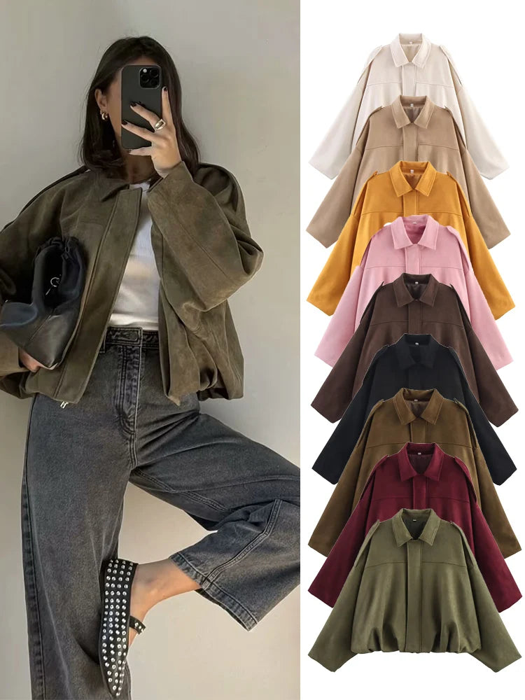 TFMLN Women Suede Bomber Jacket Spring