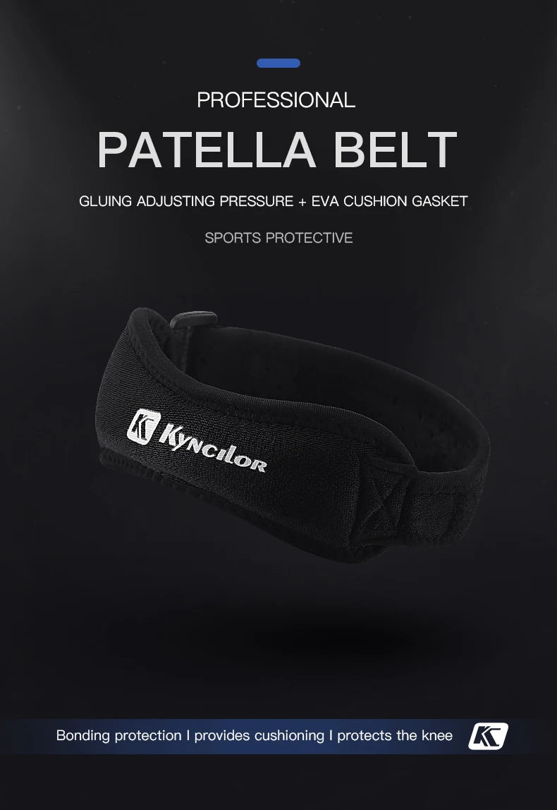 Adjustable knee strap for tendon support in sports and exercise.