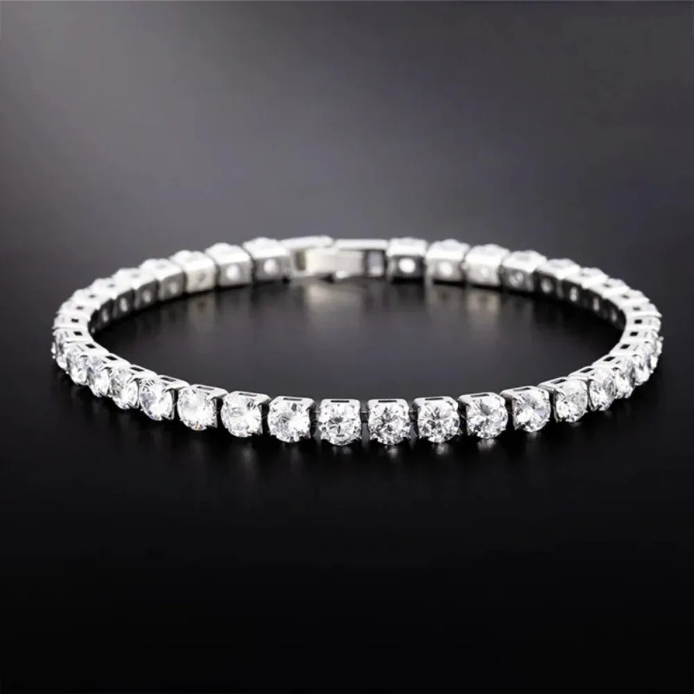 Unisex silver iced-out tennis bracelet.