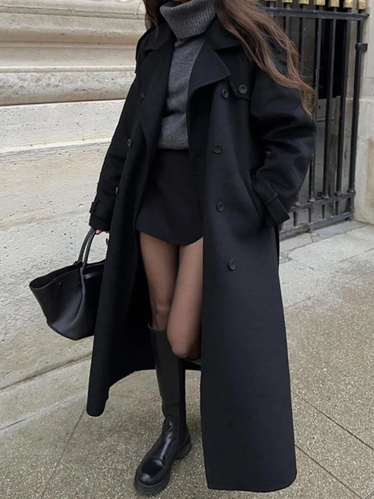 “Oversized Black Wool Coat with Belt”