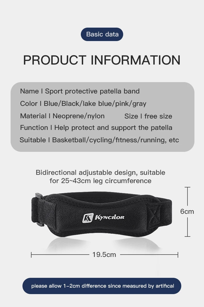 Adjustable knee strap for tendon support in sports and exercise.