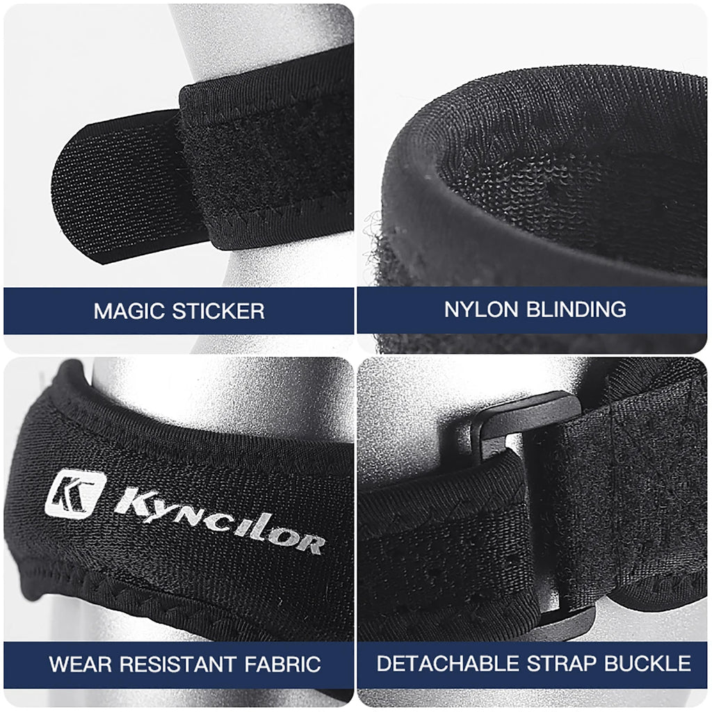 Adjustable knee strap for tendon support in sports and exercise.