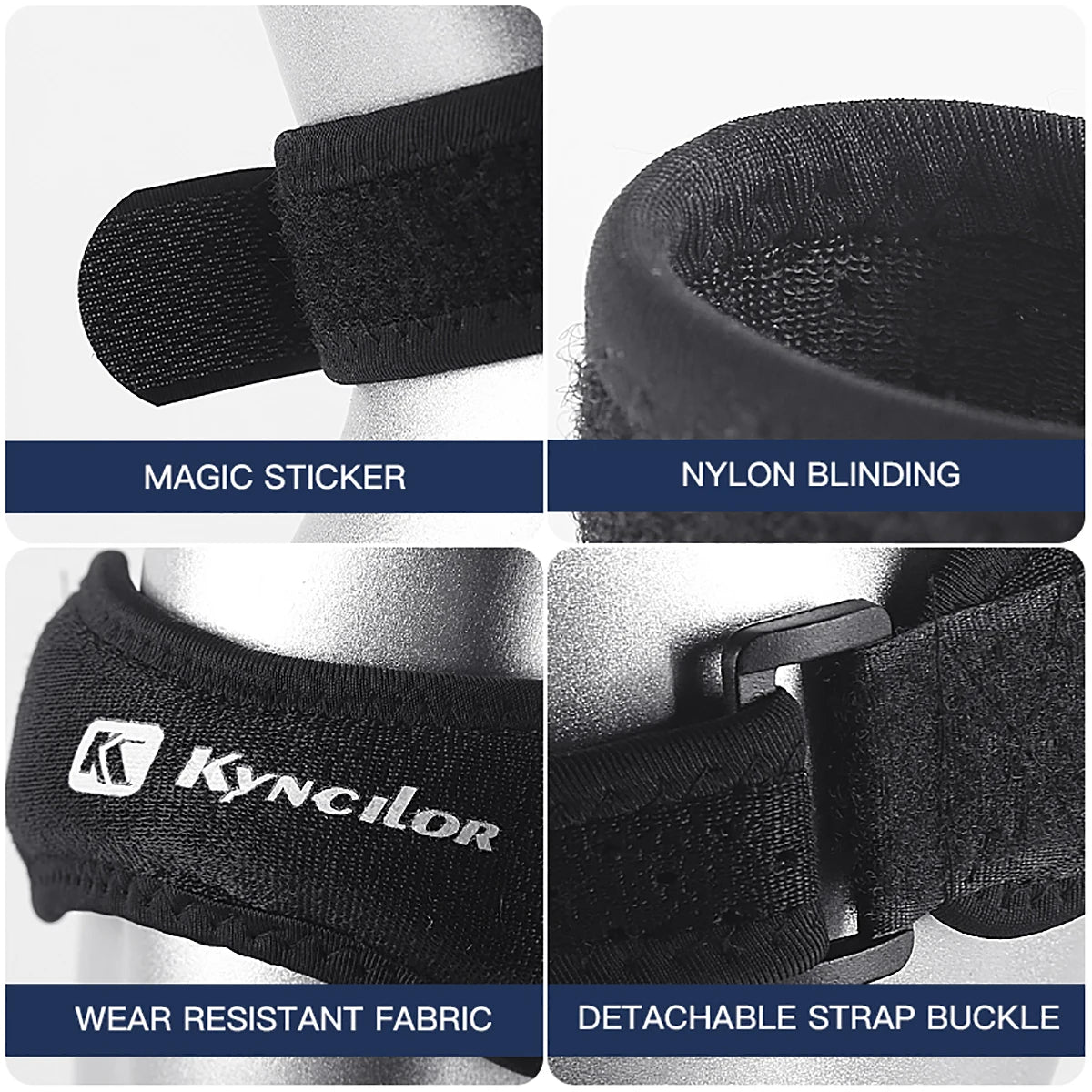 Adjustable knee strap for tendon support in sports and exercise.