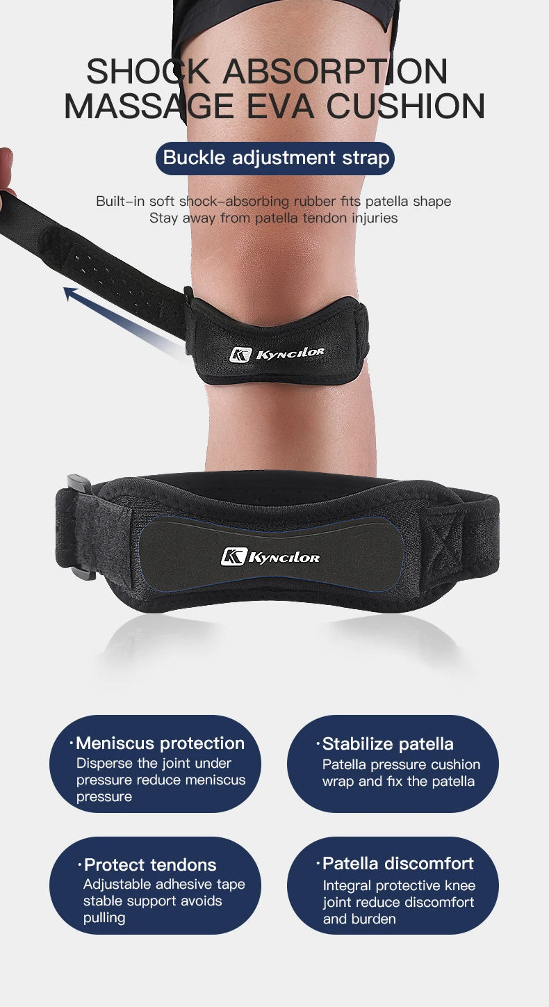 Adjustable knee strap for tendon support in sports and exercise.