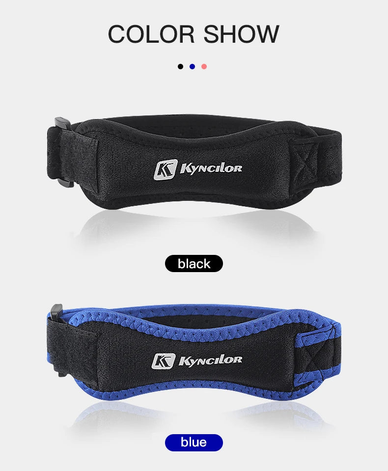 Adjustable knee strap for tendon support in sports and exercise.