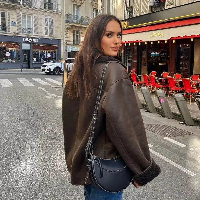 MUJER Faux Leather Jackets for Women Winter Warm Bomber Jacket