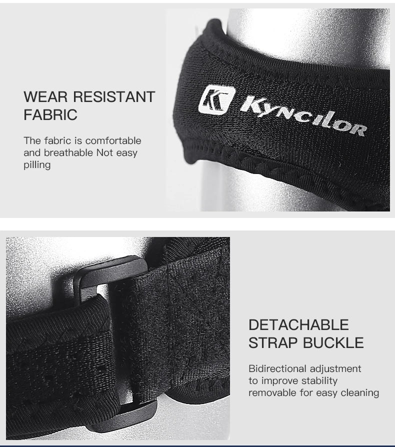 Adjustable knee strap for tendon support in sports and exercise.