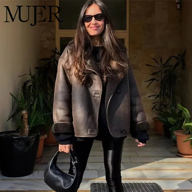 MUJER Faux Leather Jackets for Women Winter Warm Bomber Jacket