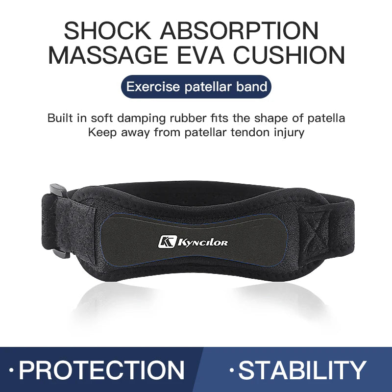 Adjustable knee strap for tendon support in sports and exercise.