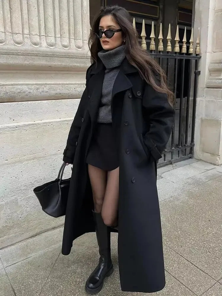 “Oversized Black Wool Coat with Belt”